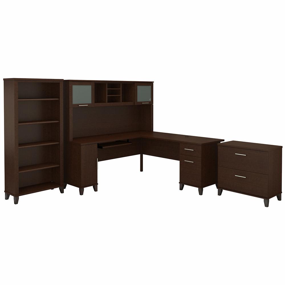 Bush Furniture Somerset 72W L Shaped Desk with Hutch, Lateral File Cabinet and Bookcase, Mocha Cherry. Picture 1