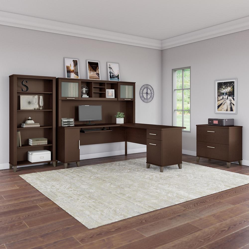 Bush Furniture Somerset 72W L Shaped Desk with Hutch, Lateral File Cabinet and Bookcase, Mocha Cherry. Picture 2