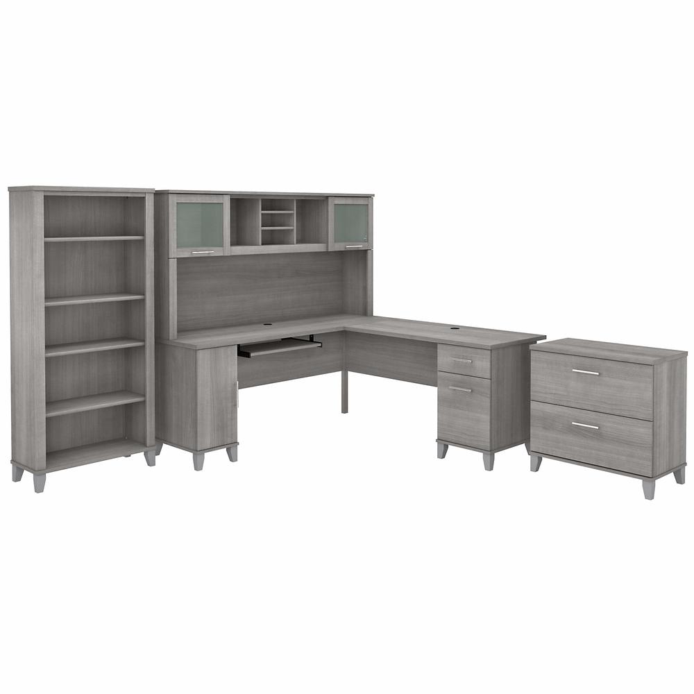 72W L Shaped Desk with Hutch, Lateral File Cabinet and Bookcase Platinum Gray. Picture 1
