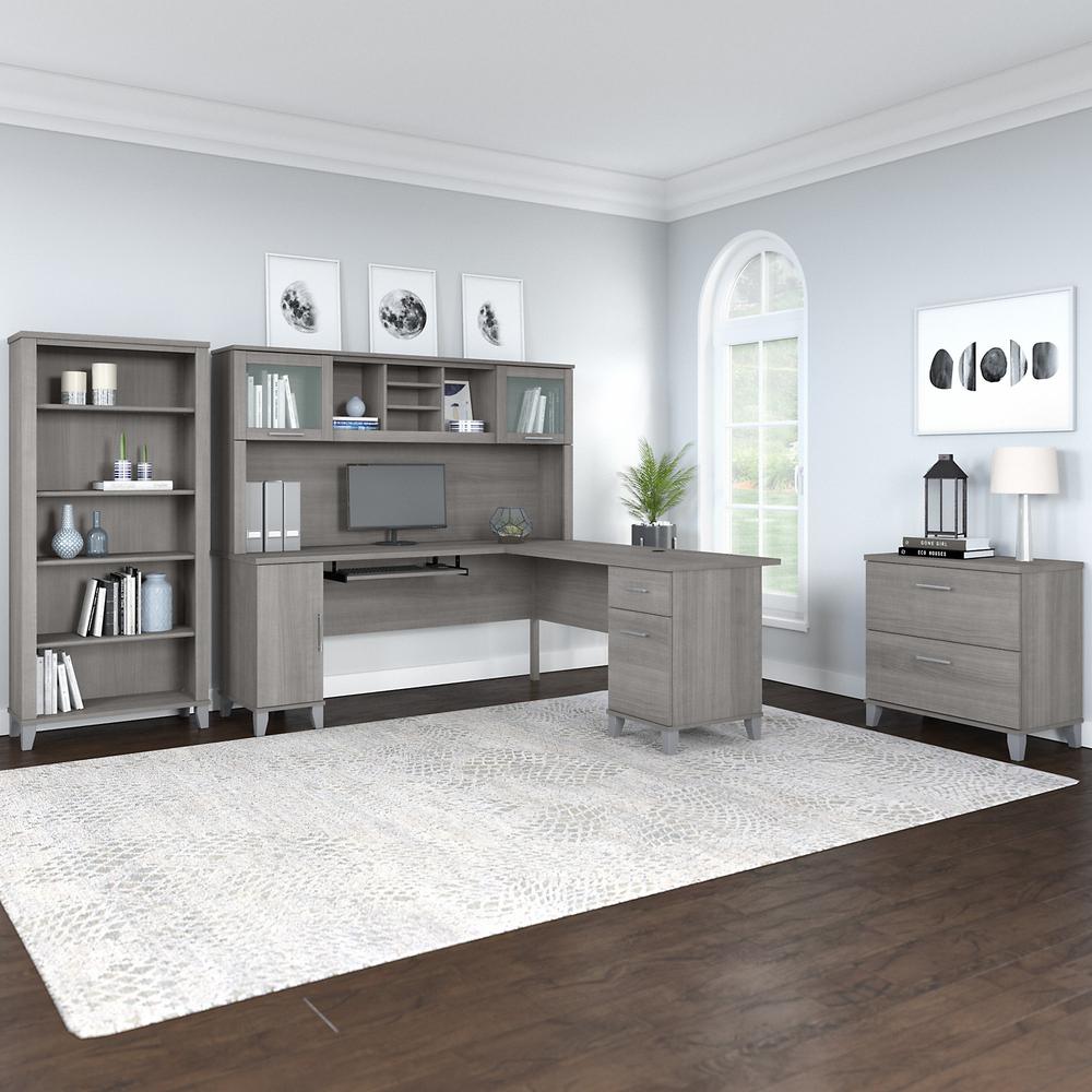 72W L Shaped Desk with Hutch, Lateral File Cabinet and Bookcase Platinum Gray. Picture 2