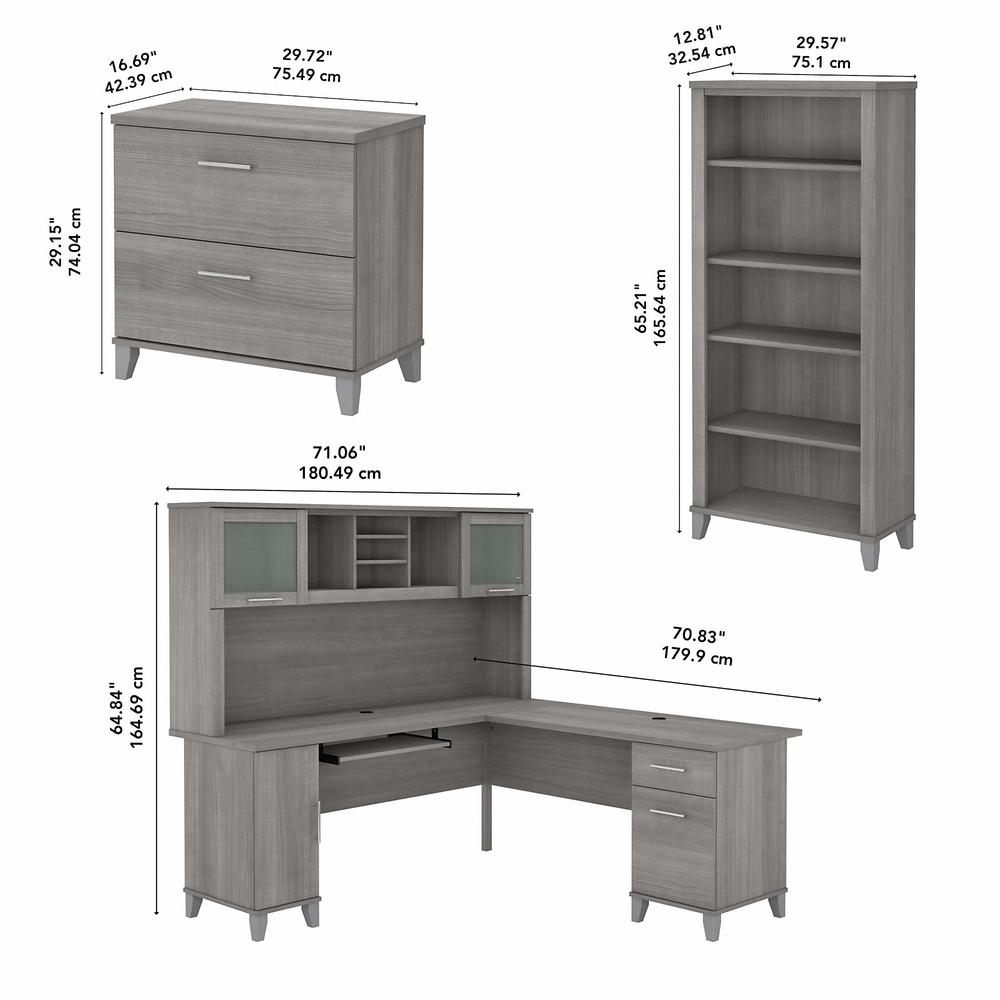 72W L Shaped Desk with Hutch, Lateral File Cabinet and Bookcase Platinum Gray. Picture 5