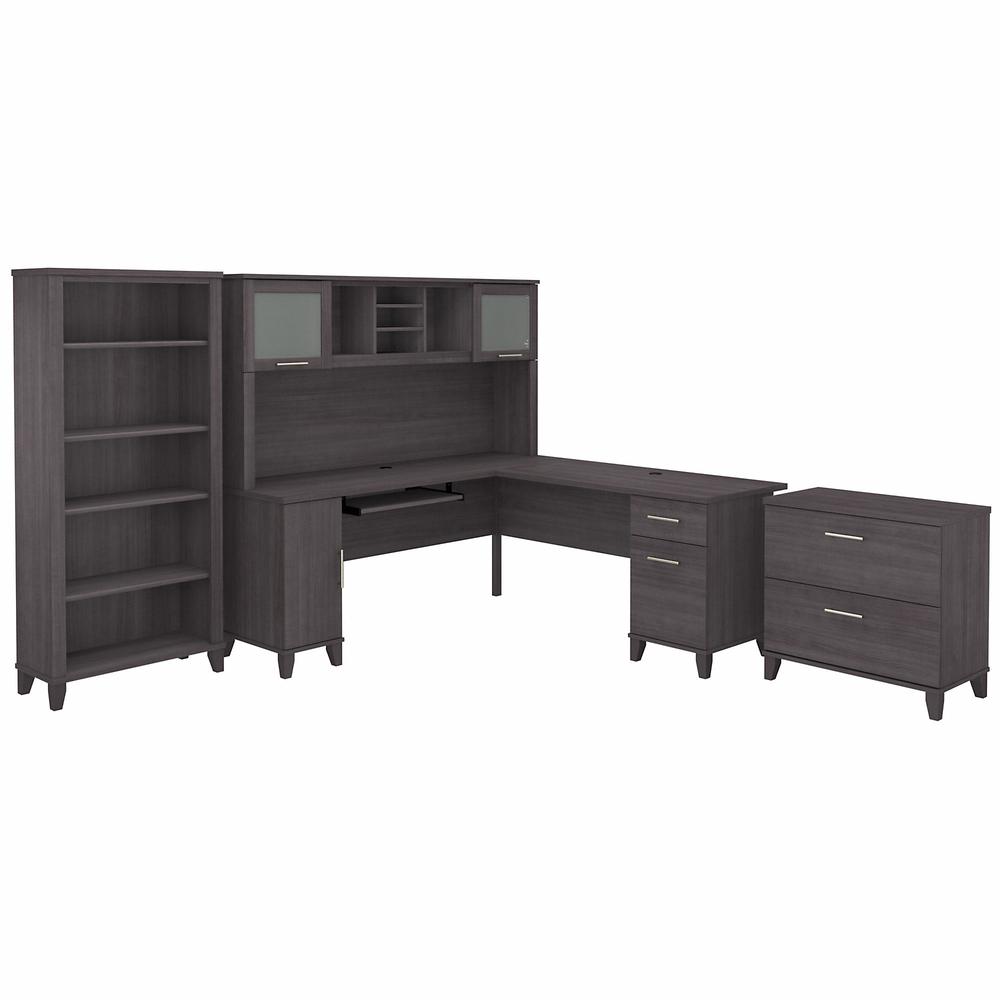 72W L Shaped Desk with Hutch, Lateral File Cabinet and Bookcase Storm Gray. Picture 1