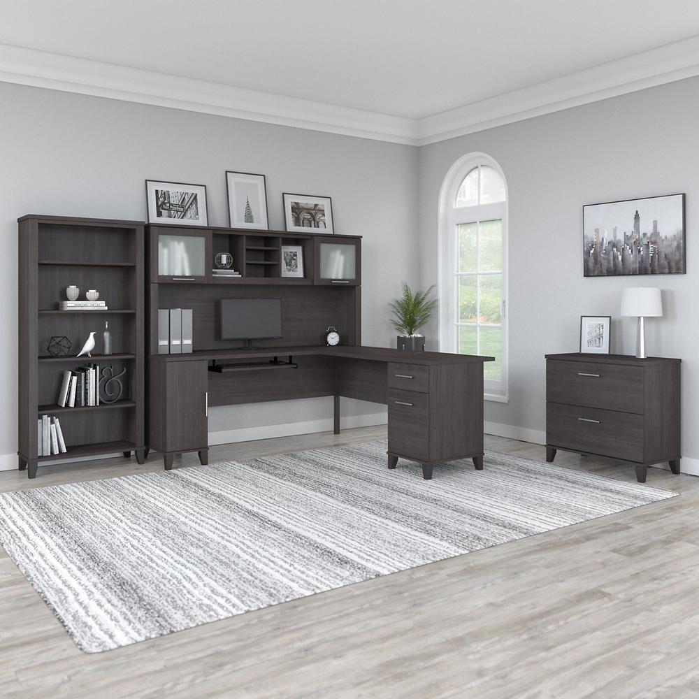72W L Shaped Desk with Hutch, Lateral File Cabinet and Bookcase Storm Gray. Picture 2