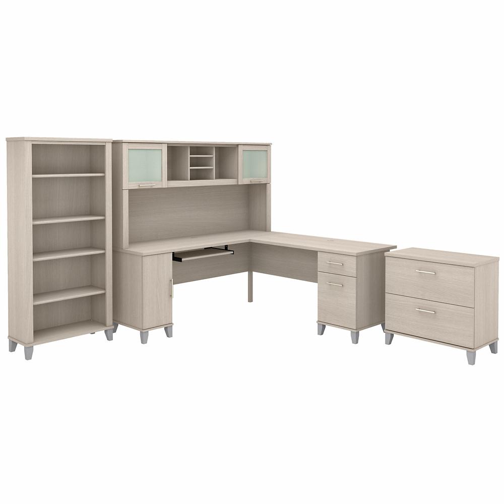 Bush Furniture Somerset 72W L Shaped Desk with Hutch, Lateral File Cabinet and Bookcase, Sand Oak. Picture 1