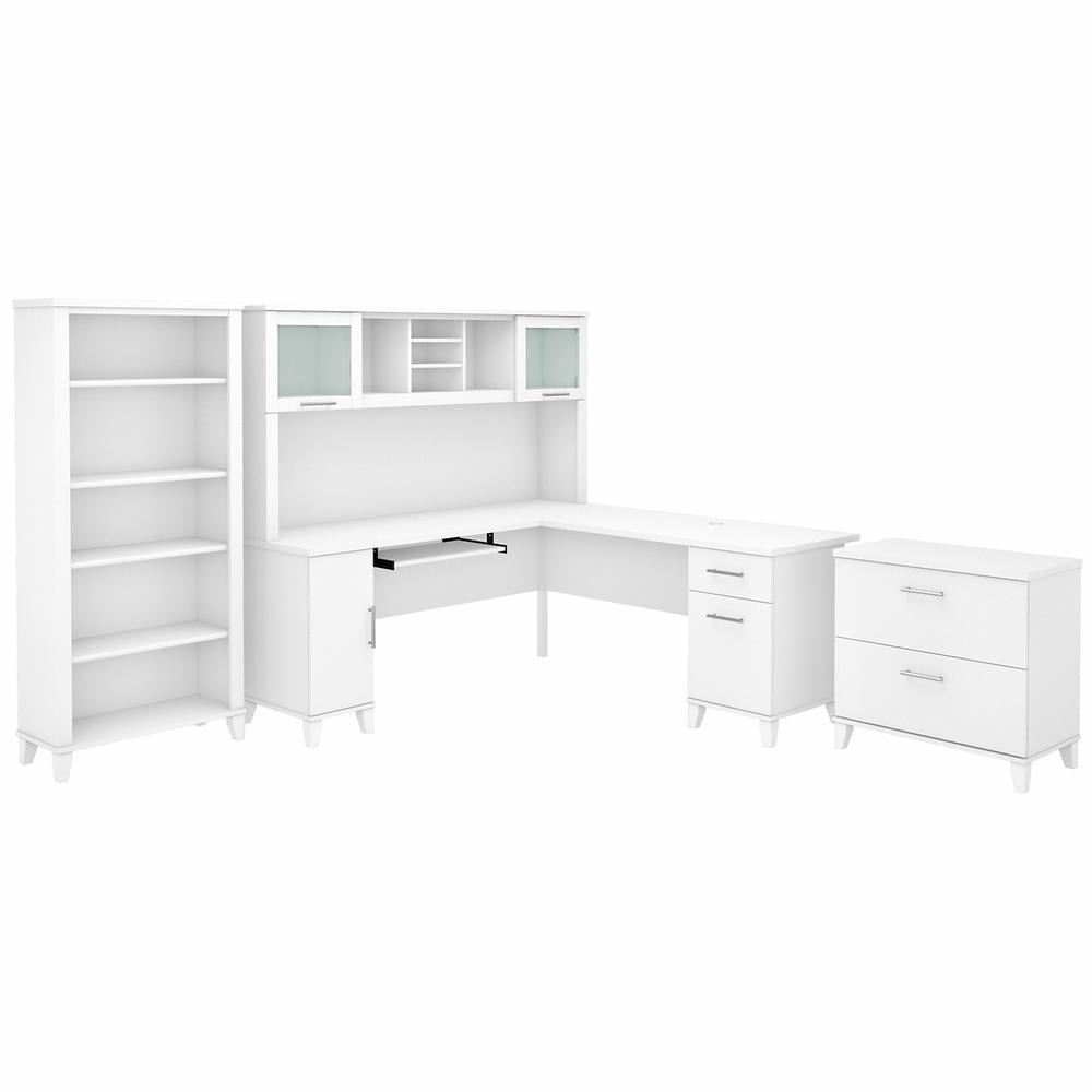 Bush Furniture Somerset 72W L Shaped Desk with Hutch, Lateral File Cabinet and Bookcase, White. Picture 1