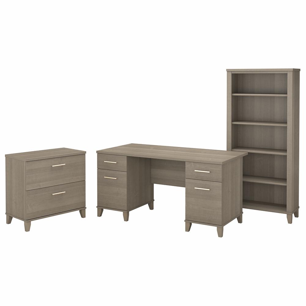 60W Office Desk with Lateral File Cabinet and 5 Shelf Bookcase Ash Gray. Picture 1