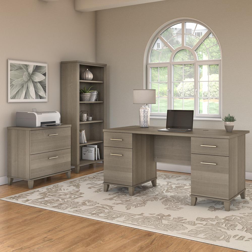 60W Office Desk with Lateral File Cabinet and 5 Shelf Bookcase Ash Gray. Picture 2