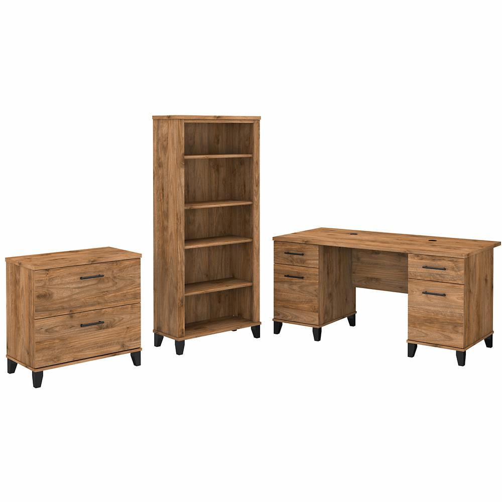 Bush Furniture Somerset 60W Office Desk with Lateral File Cabinet and 5 Shelf Bookcase, Fresh Walnut. Picture 1