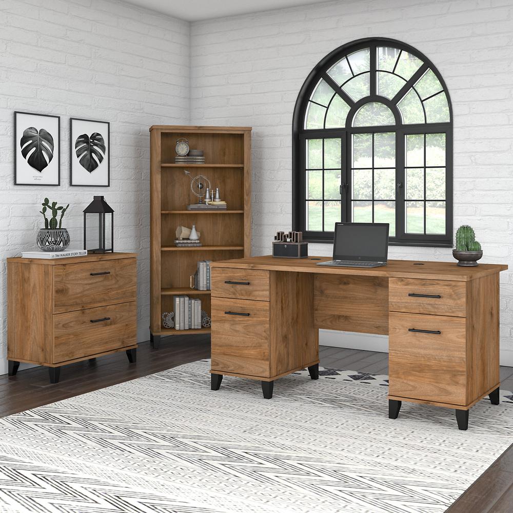 Bush Furniture Somerset 60W Office Desk with Lateral File Cabinet and 5 Shelf Bookcase, Fresh Walnut. Picture 2
