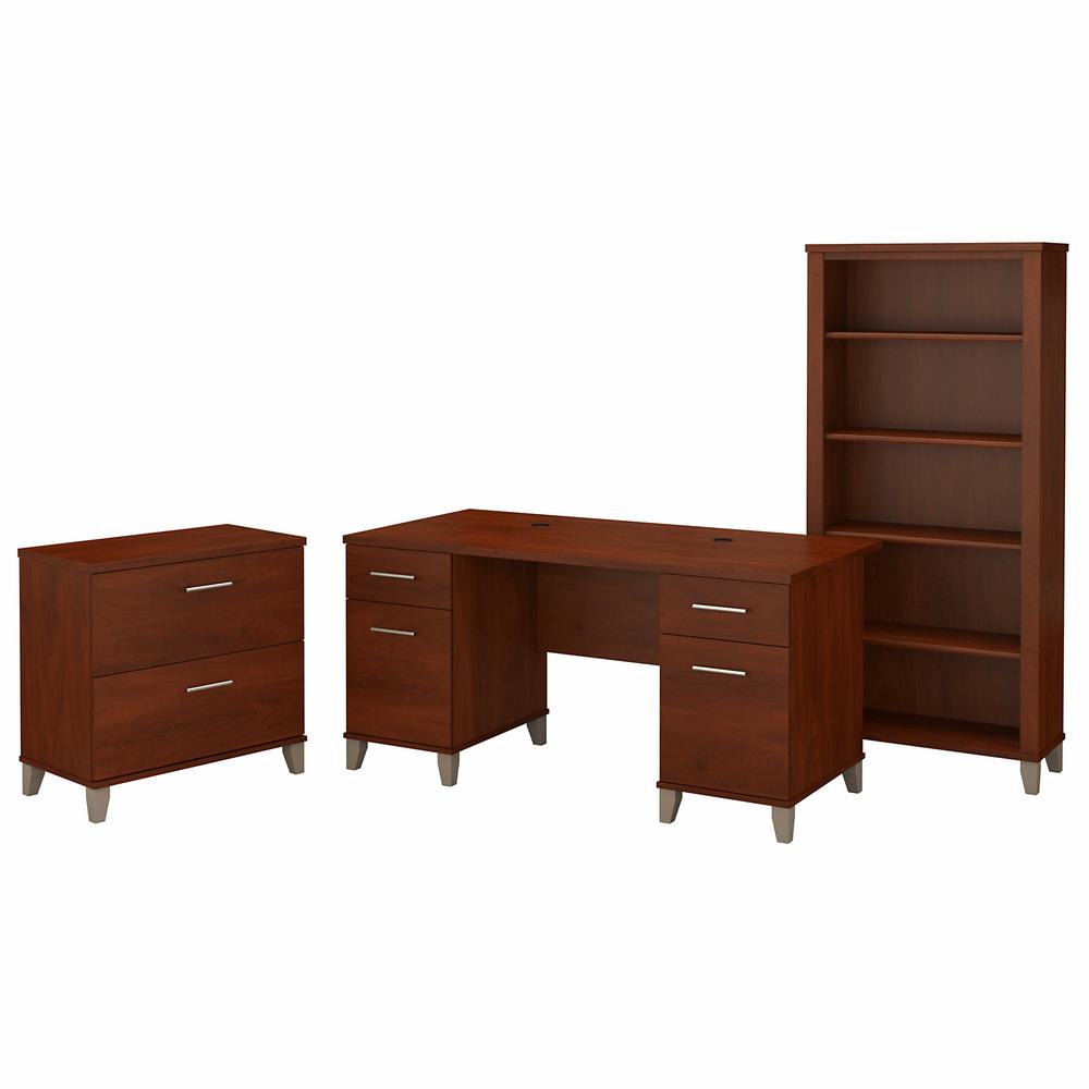 Bush Furniture Somerset 60W Office Desk with Lateral File Cabinet and 5 Shelf Bookcase, Hansen Cherry. Picture 1