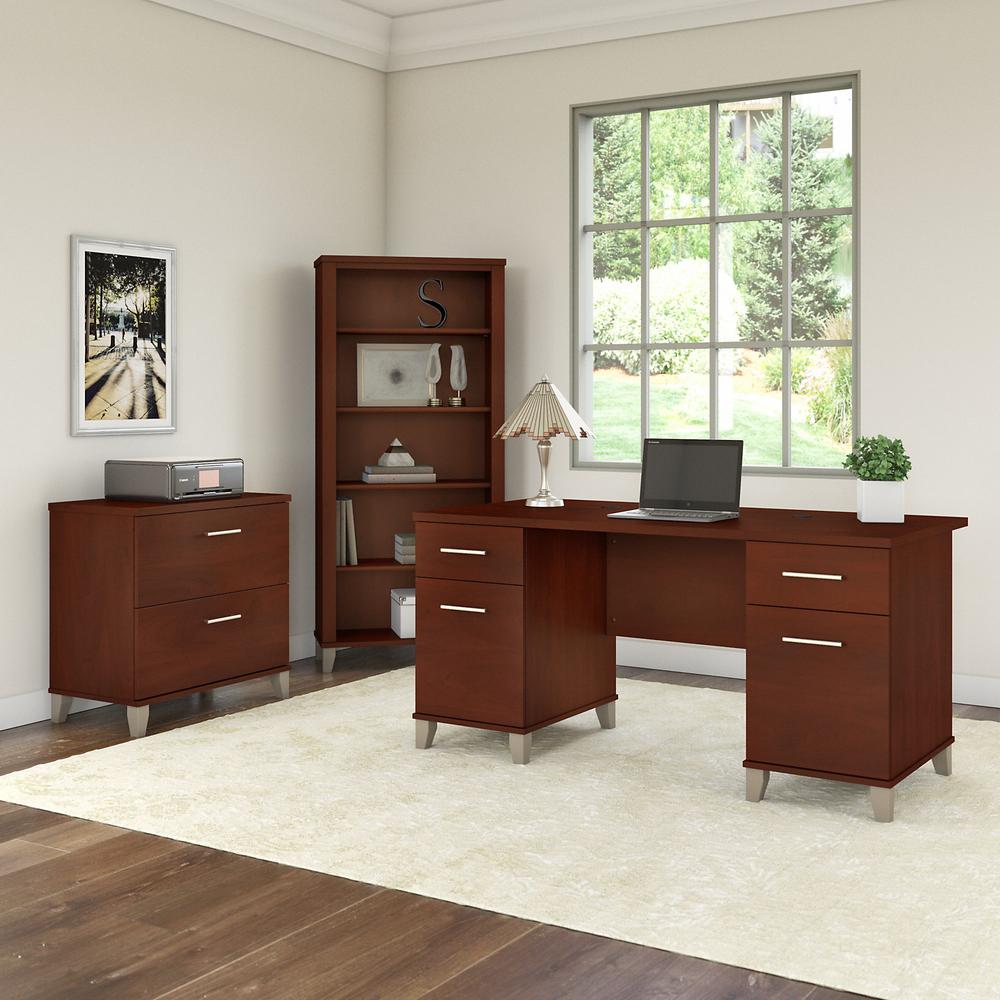 Bush Furniture Somerset 60W Office Desk with Lateral File Cabinet and 5 Shelf Bookcase, Hansen Cherry. Picture 2