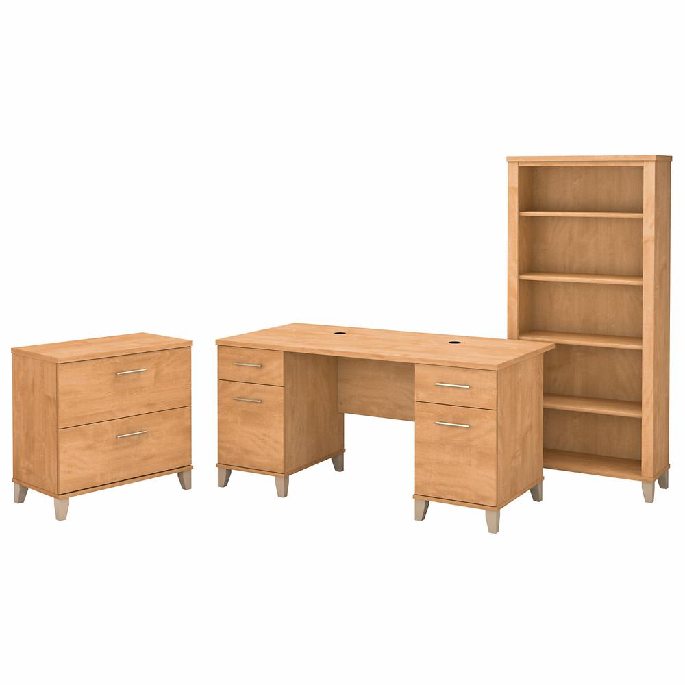 Bush Furniture Somerset 60W Office Desk with Lateral File Cabinet and 5 Shelf Bookcase, Maple Cross. Picture 1