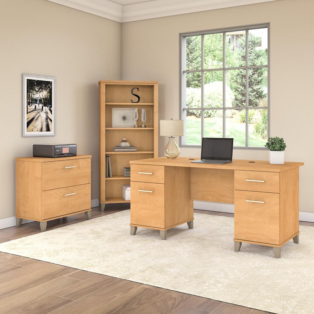 Bush Furniture Somerset 60W Office Desk with Lateral File Cabinet and 5 Shelf Bookcase, Maple Cross. Picture 2