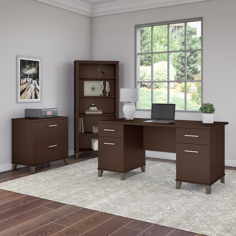 Bush Furniture Somerset 60W Office Desk with Lateral File Cabinet and 5 Shelf Bookcase, Mocha Cherry. Picture 2