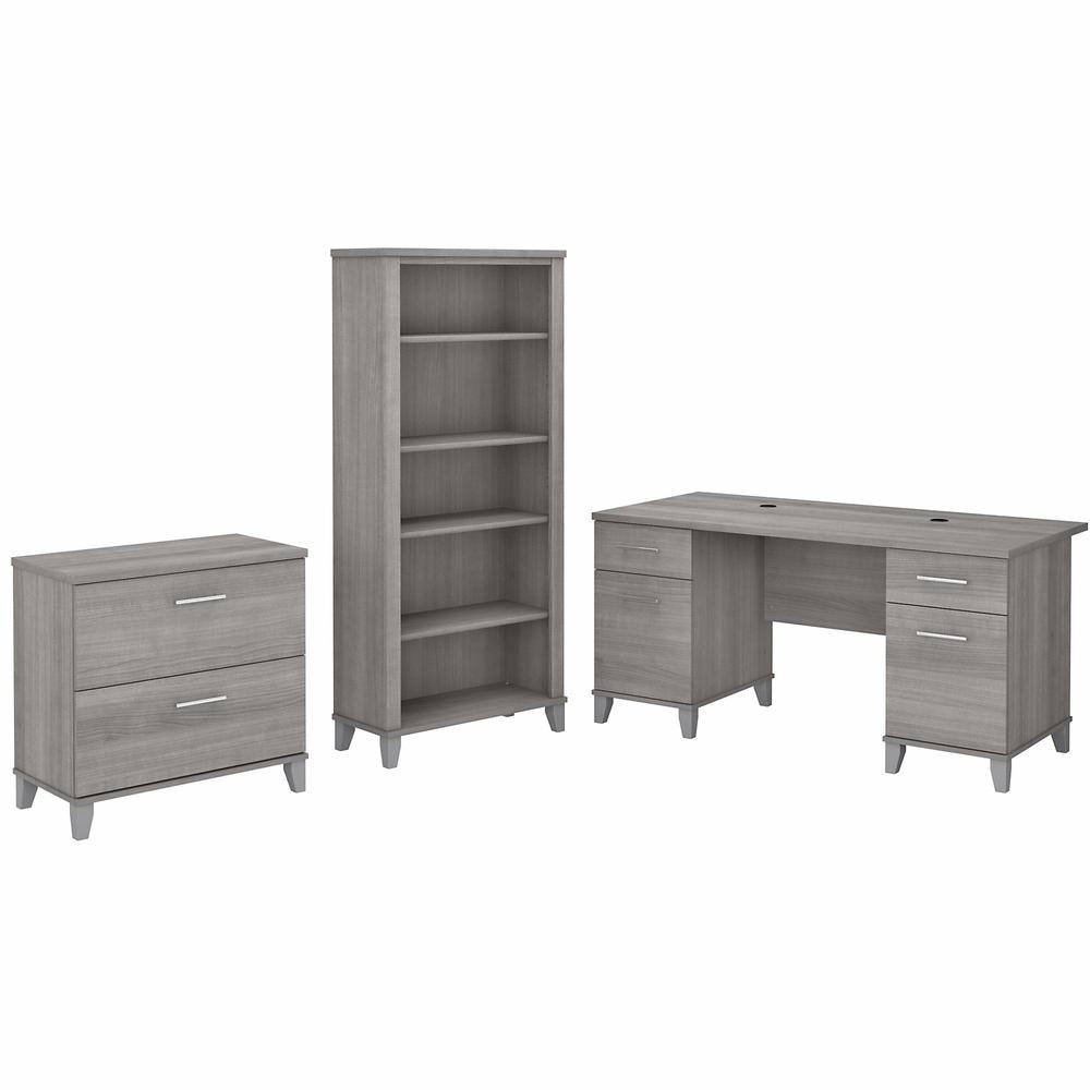 Bush Furniture Somerset 60W Office Desk with Lateral File Cabinet and 5 Shelf Bookcase, Platinum Gray. Picture 1