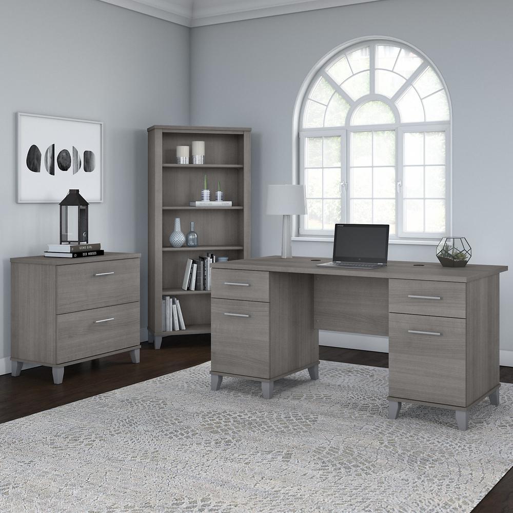 Bush Furniture Somerset 60W Office Desk with Lateral File Cabinet and 5 Shelf Bookcase, Platinum Gray. Picture 2