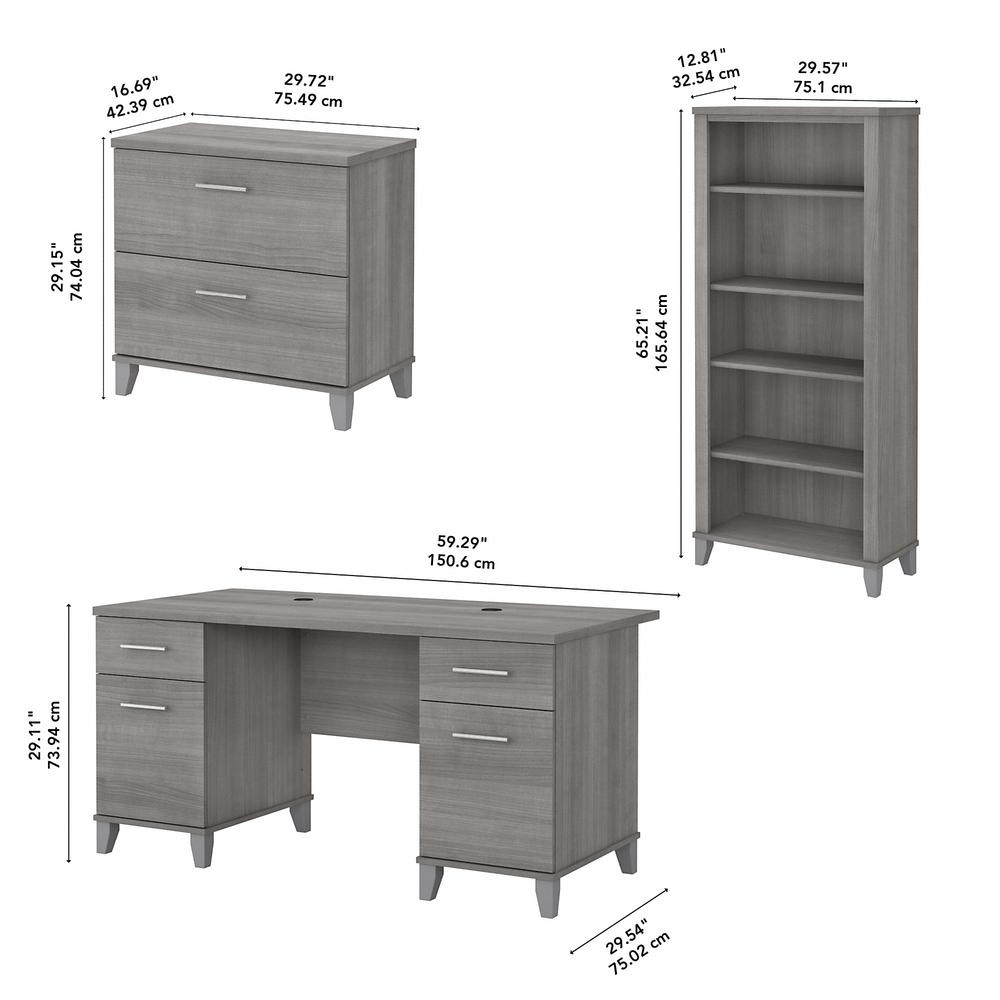 Bush Furniture Somerset 60W Office Desk with Lateral File Cabinet and 5 Shelf Bookcase, Platinum Gray. Picture 5