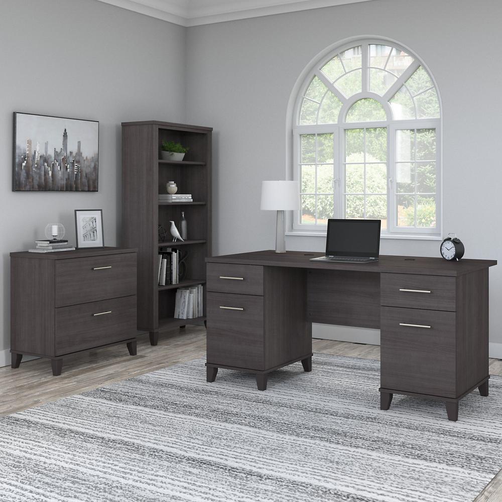 60W Office Desk with Lateral File Cabinet and 5 Shelf Bookcase Storm Gray. Picture 2