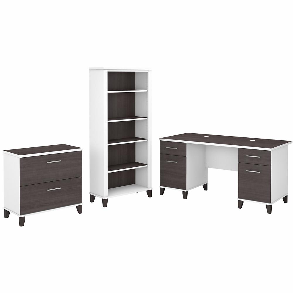 Bush Furniture Somerset 60W Office Desk with Lateral File Cabinet and 5 Shelf Bookcase, Storm Gray/White. Picture 1