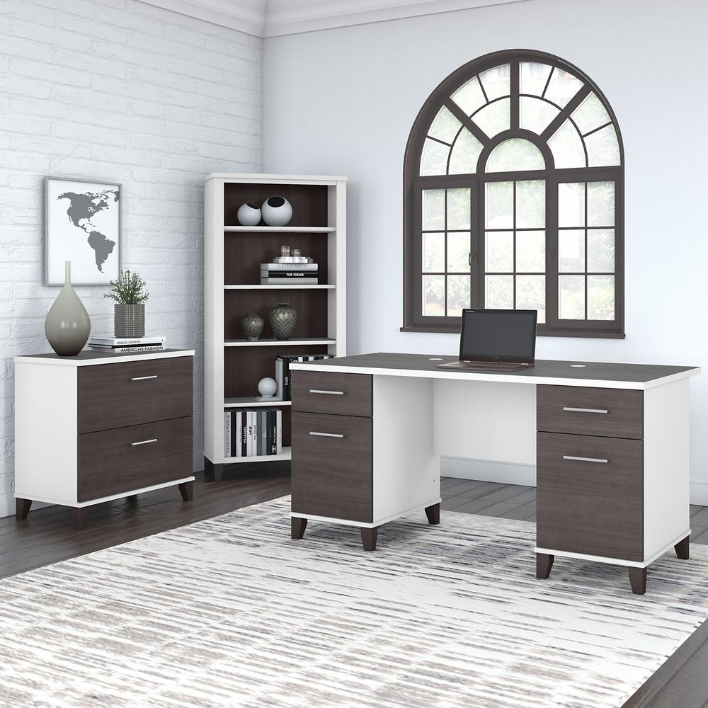 Bush Furniture Somerset 60W Office Desk with Lateral File Cabinet and 5 Shelf Bookcase, Storm Gray/White. Picture 2