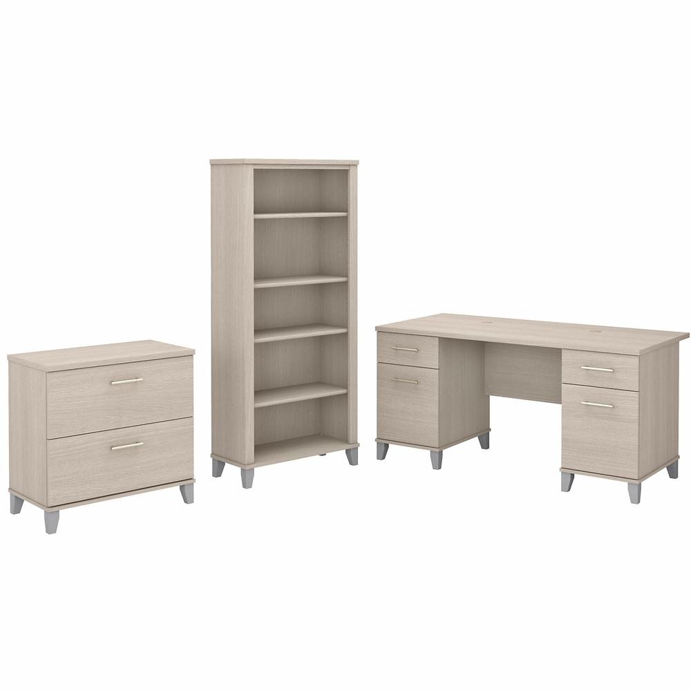 Bush Furniture Somerset 60W Office Desk with Lateral File Cabinet and 5 Shelf Bookcase, Sand Oak. Picture 1
