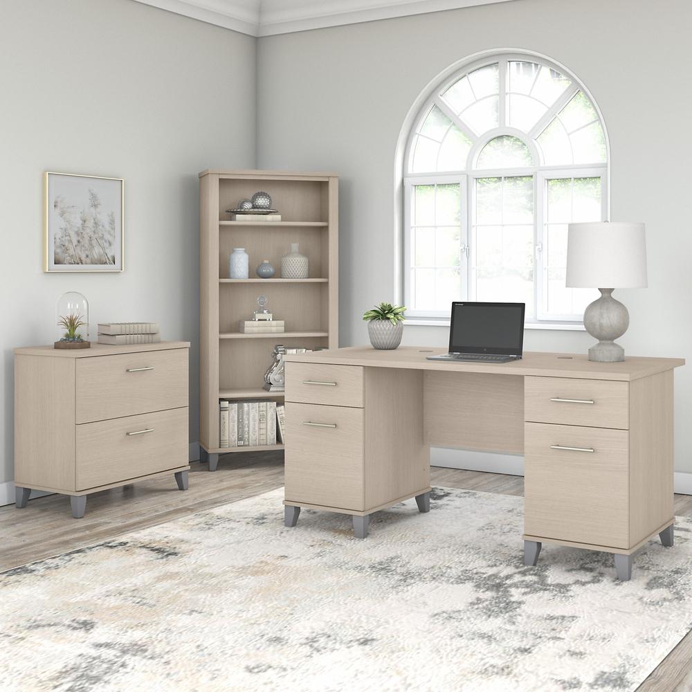 Bush Furniture Somerset 60W Office Desk with Lateral File Cabinet and 5 Shelf Bookcase, Sand Oak. Picture 2