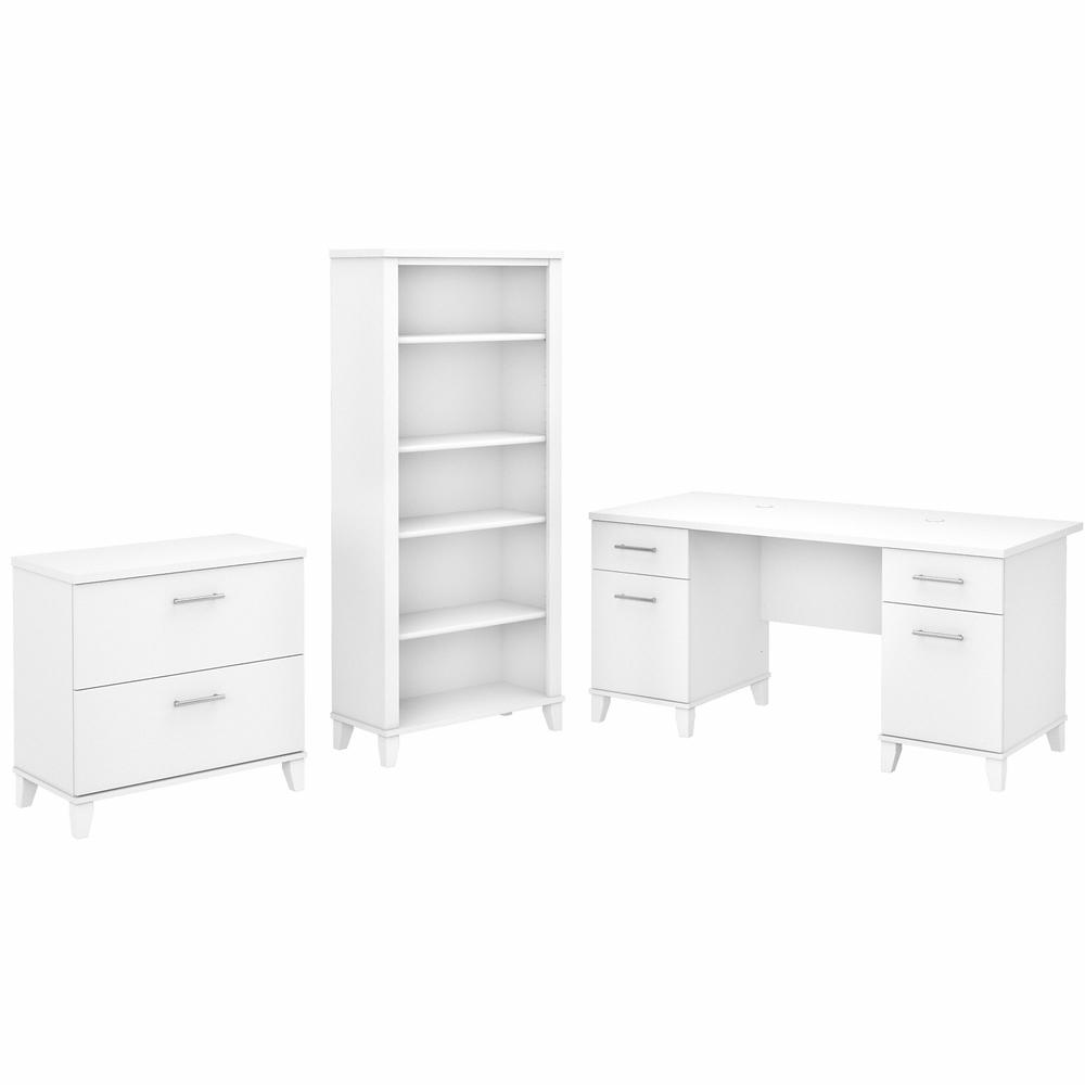 Bush Furniture Somerset 60W Office Desk with Lateral File Cabinet and 5 Shelf Bookcase, White. Picture 1