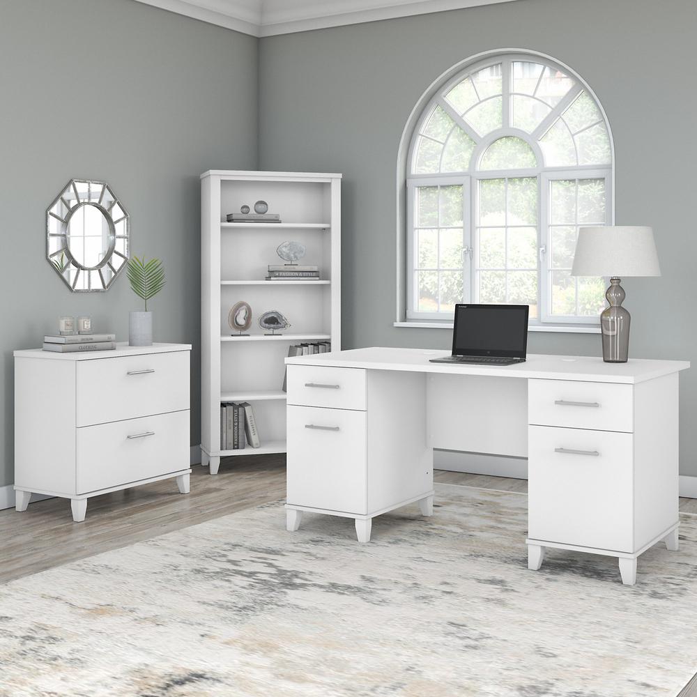 Bush Furniture Somerset 60W Office Desk with Lateral File Cabinet and 5 Shelf Bookcase, White. Picture 2