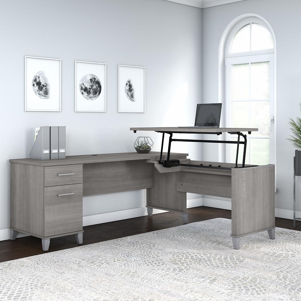 72W 3 Position Sit to Stand L Shaped Desk Platinum Gray. Picture 2