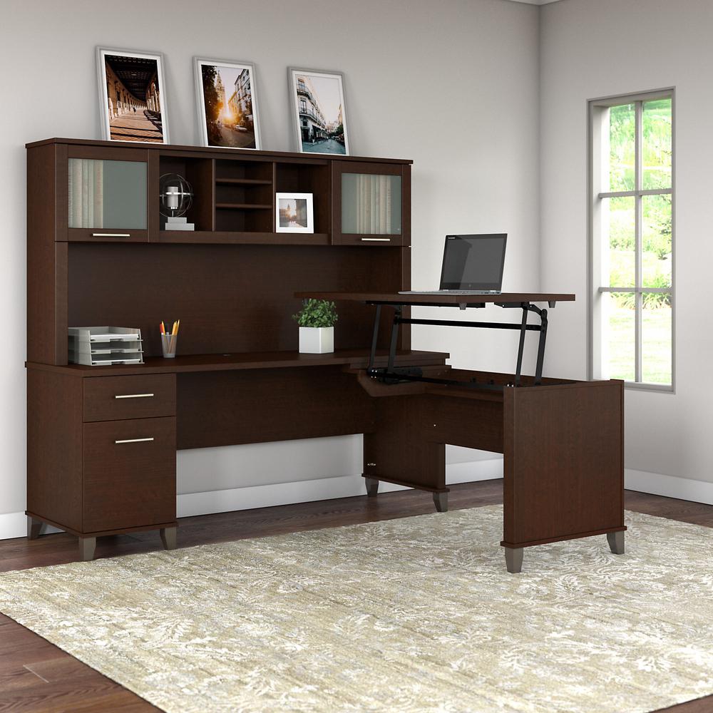 72W 3 Position Sit to Stand L Shaped Desk with Hutch Mocha Cherry. Picture 2