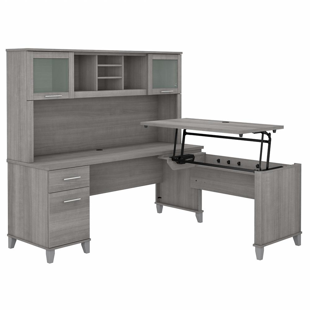 72W 3 Position Sit to Stand L Shaped Desk with Hutch Platinum Gray. Picture 1