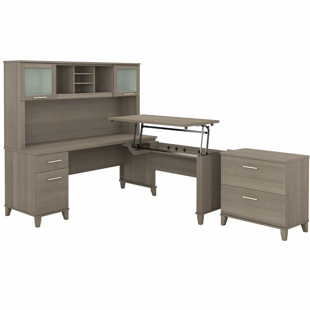 Bush Furniture Somerset 72W 3 Position Sit to Stand L Shaped Desk with Hutch and File Cabinet, Ash Gray. Picture 1