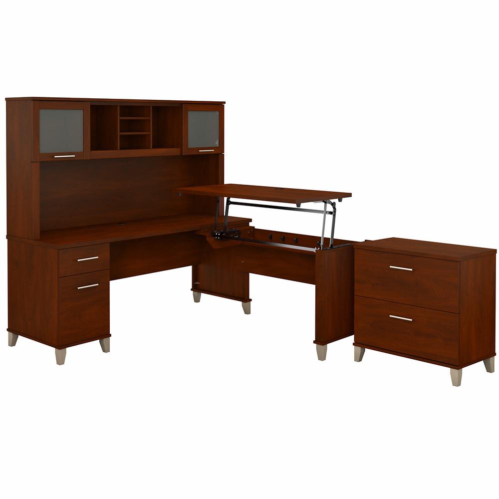Bush Furniture Somerset 72W 3 Position Sit to Stand L Shaped Desk with Hutch and File Cabinet, Hansen Cherry. Picture 1