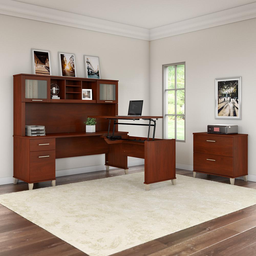 Bush Furniture Somerset 72W 3 Position Sit to Stand L Shaped Desk with Hutch and File Cabinet, Hansen Cherry. Picture 2