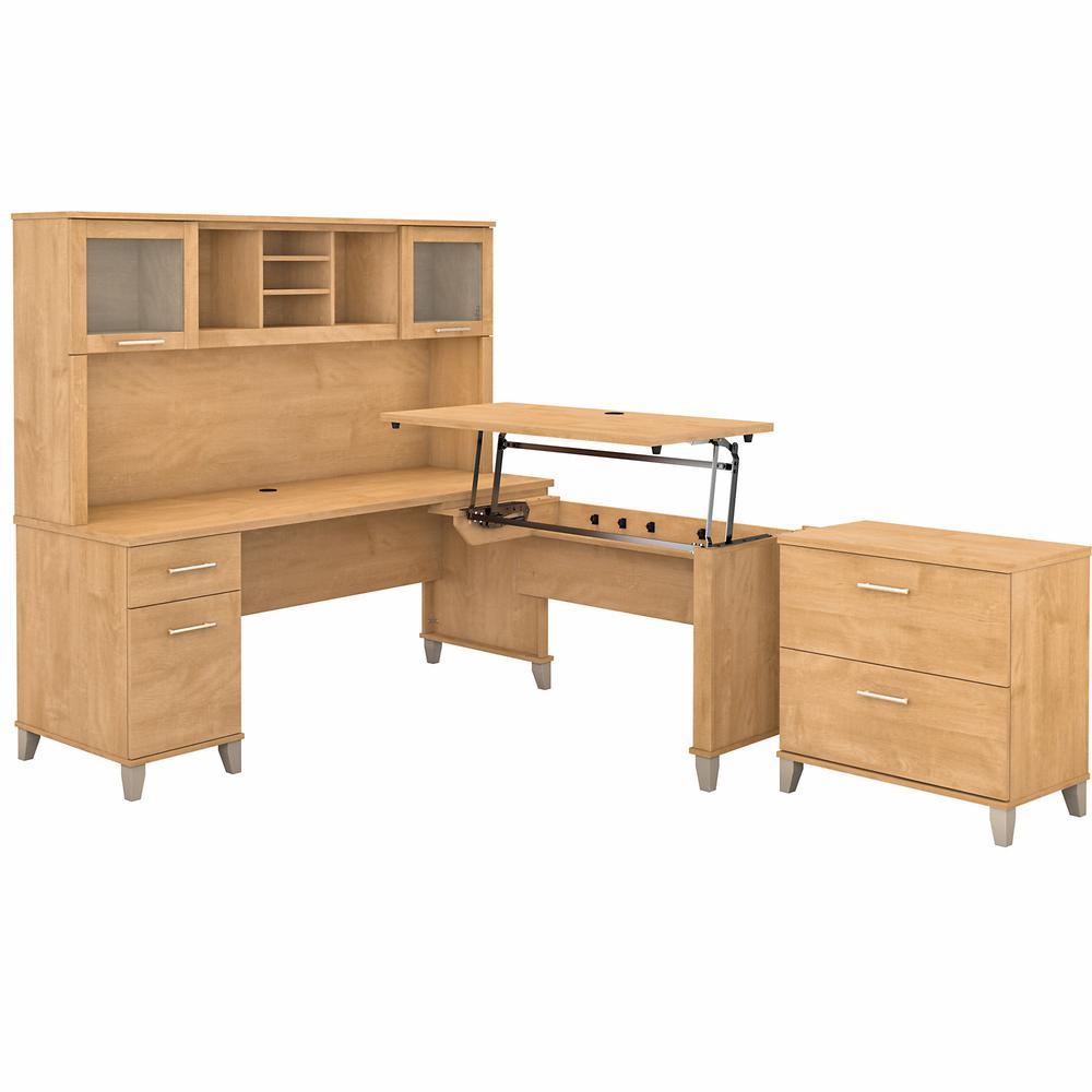 Bush Furniture Somerset 72W 3 Position Sit to Stand L Shaped Desk with Hutch and File Cabinet, Maple Cross. Picture 1