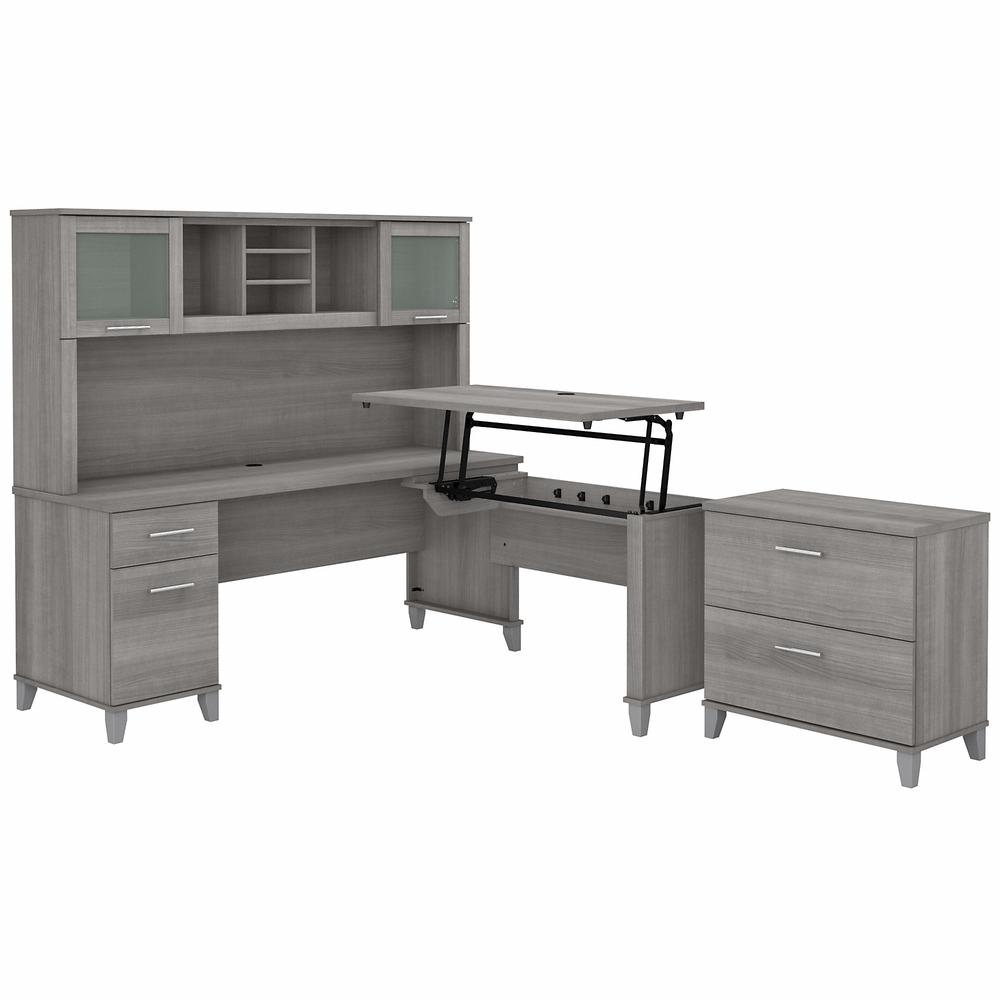 Bush Furniture Somerset 72W 3 Position Sit to Stand L Shaped Desk with Hutch and File Cabinet, Platinum Gray. Picture 1