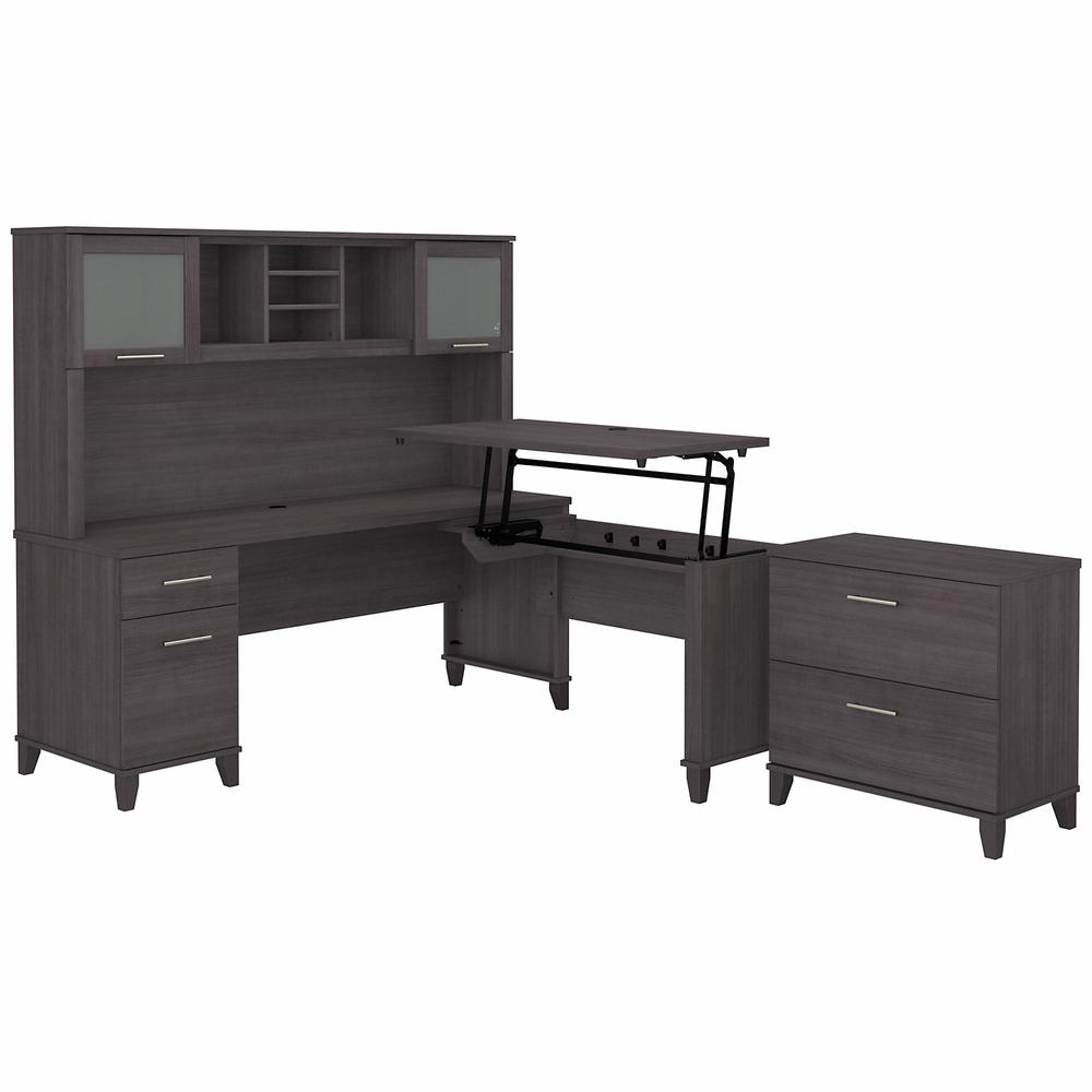Bush Furniture Somerset 72W 3 Position Sit to Stand L Shaped Desk with Hutch and File Cabinet, Storm Gray. Picture 1