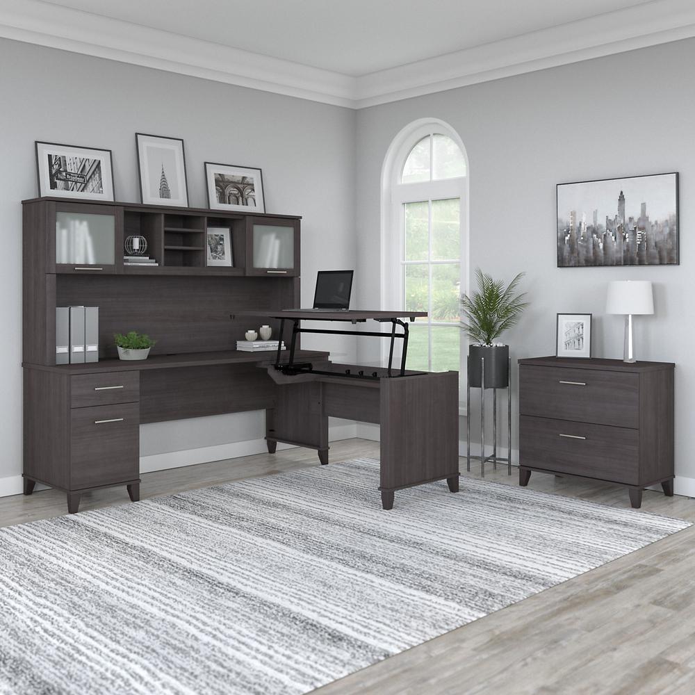 Bush Furniture Somerset 72W 3 Position Sit to Stand L Shaped Desk with Hutch and File Cabinet, Storm Gray. Picture 4