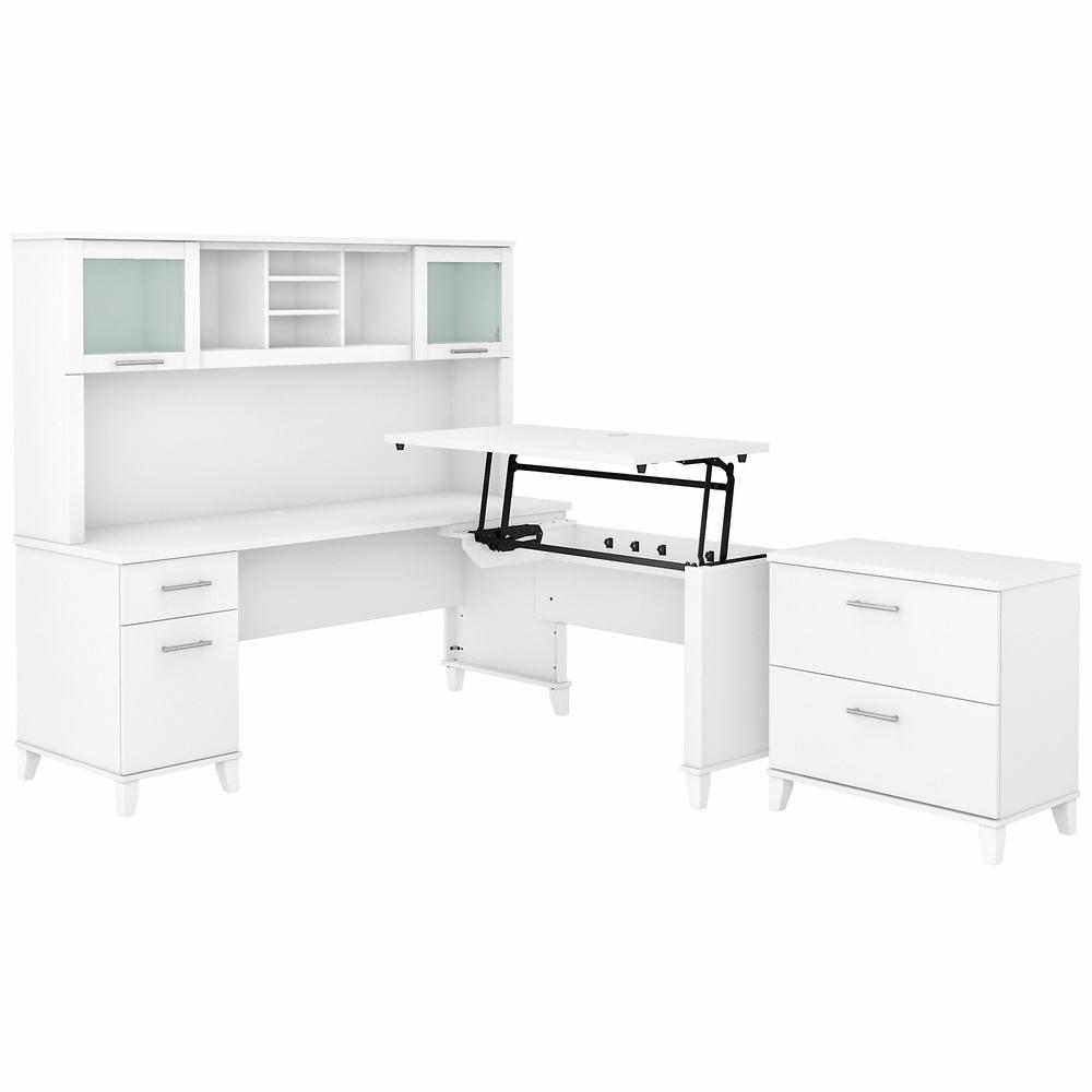 Bush Furniture Somerset 72W 3 Position Sit to Stand L Shaped Desk with Hutch and File Cabinet, White. Picture 1