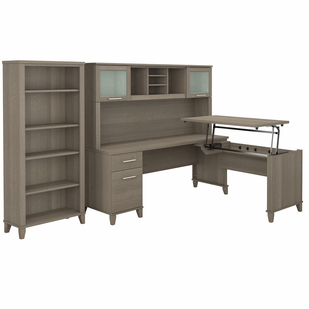 Bush Furniture Somerset 72W 3 Position Sit to Stand L Shaped Desk with Hutch and Bookcase, Ash Gray. Picture 1
