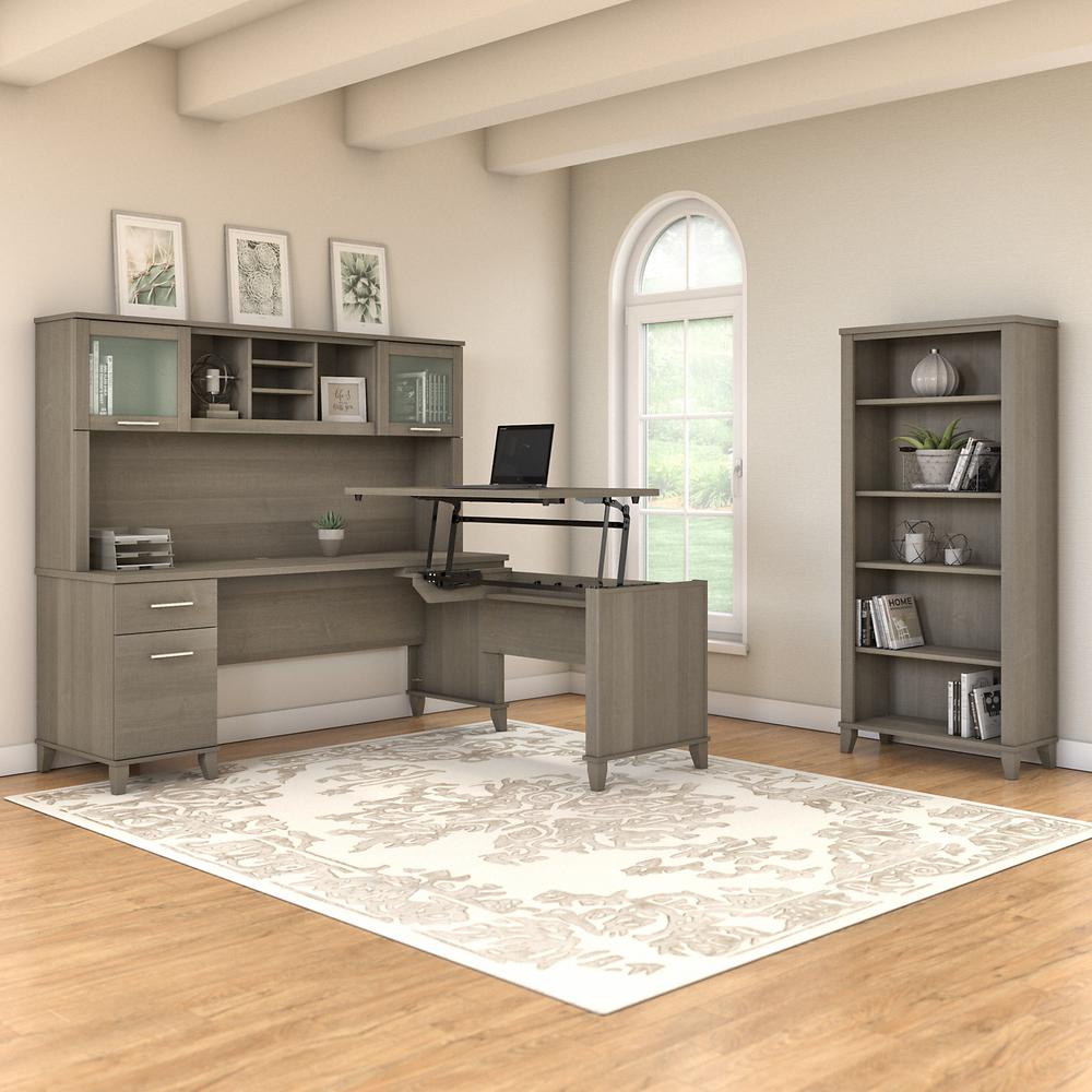Bush Furniture Somerset 72W 3 Position Sit to Stand L Shaped Desk with Hutch and Bookcase, Ash Gray. Picture 4