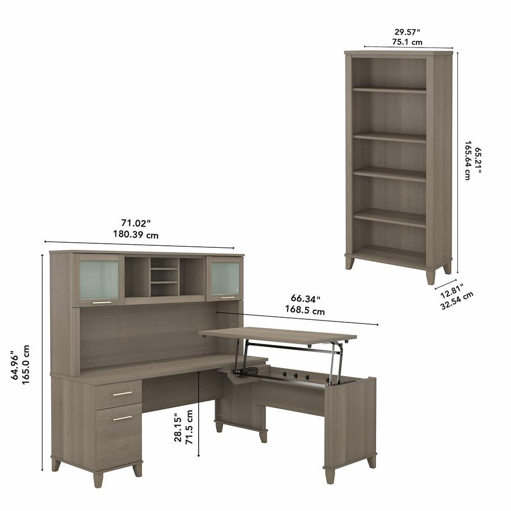 Bush Furniture Somerset 72W 3 Position Sit to Stand L Shaped Desk with Hutch and Bookcase, Ash Gray. Picture 5