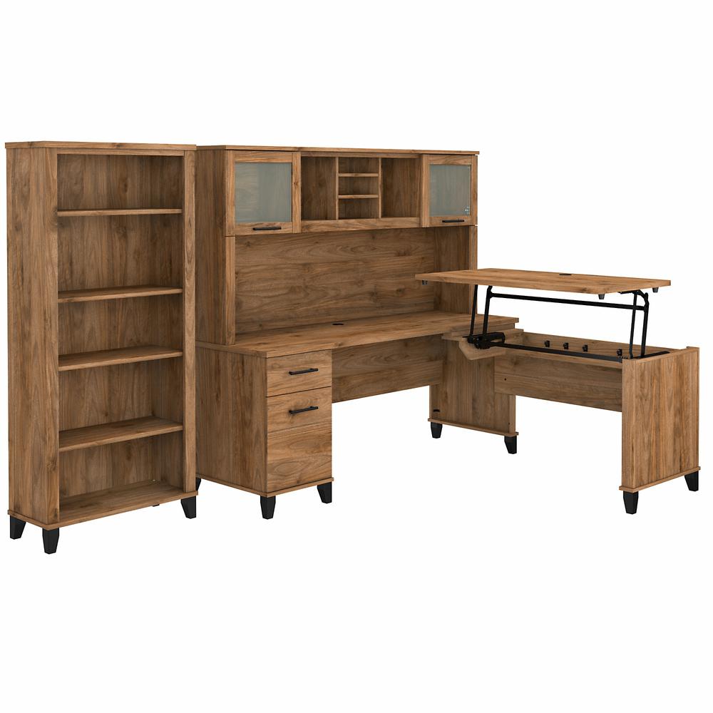 Bush Furniture Somerset 72W 3 Position Sit to Stand L Shaped Desk with Hutch and Bookcase, Fresh Walnut. Picture 1