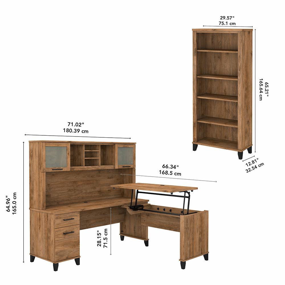 Bush Furniture Somerset 72W 3 Position Sit to Stand L Shaped Desk with Hutch and Bookcase, Fresh Walnut. Picture 5