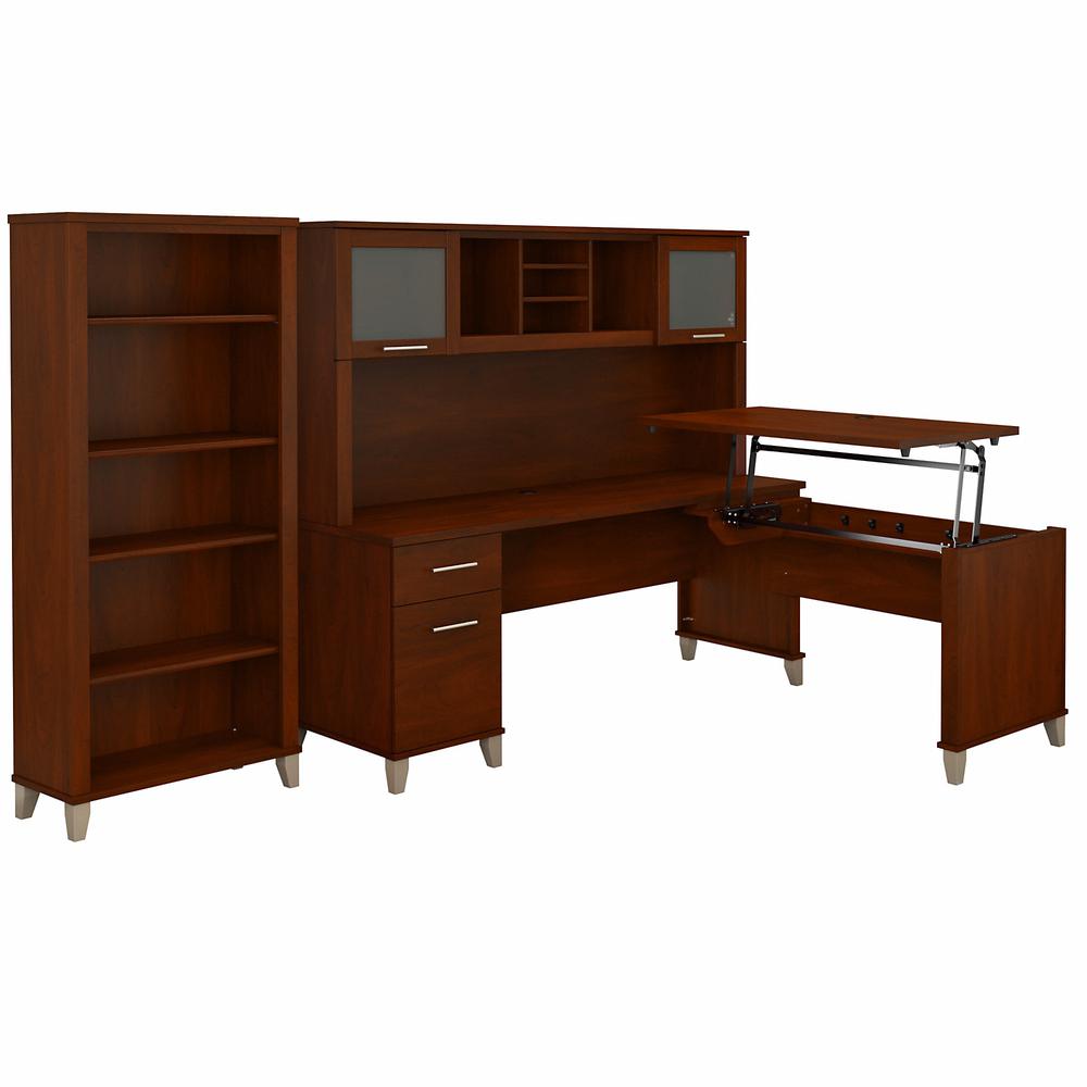 Bush Furniture Somerset 72W 3 Position Sit to Stand L Shaped Desk with Hutch and Bookcase, Hansen Cherry. Picture 1