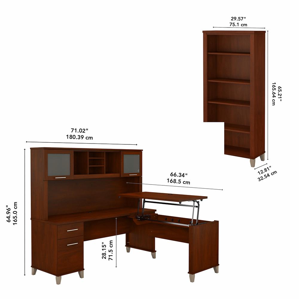 Bush Furniture Somerset 72W 3 Position Sit to Stand L Shaped Desk with Hutch and Bookcase, Hansen Cherry. Picture 5