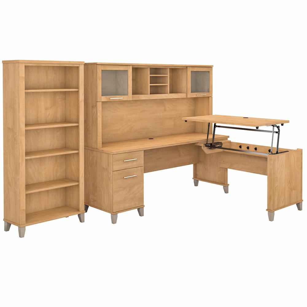 Bush Furniture Somerset 72W 3 Position Sit to Stand L Shaped Desk with Hutch and Bookcase, Maple Cross. Picture 1