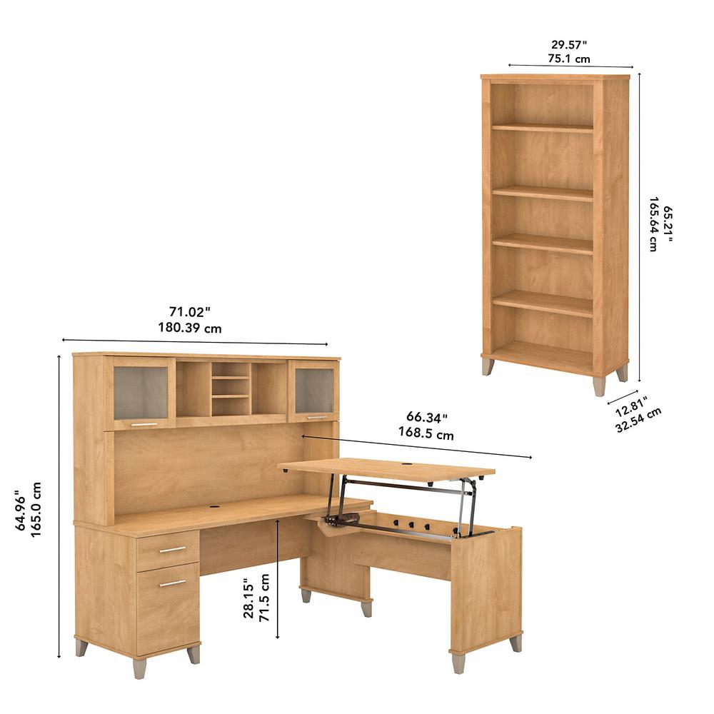 Bush Furniture Somerset 72W 3 Position Sit to Stand L Shaped Desk with Hutch and Bookcase, Maple Cross. Picture 5