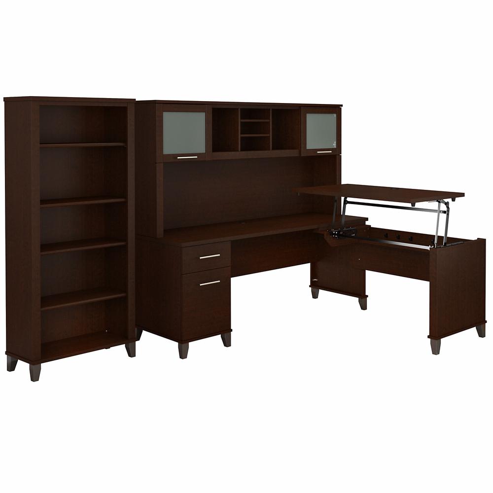 Bush Furniture Somerset 72W 3 Position Sit to Stand L Shaped Desk with Hutch and Bookcase, Mocha Cherry. Picture 1
