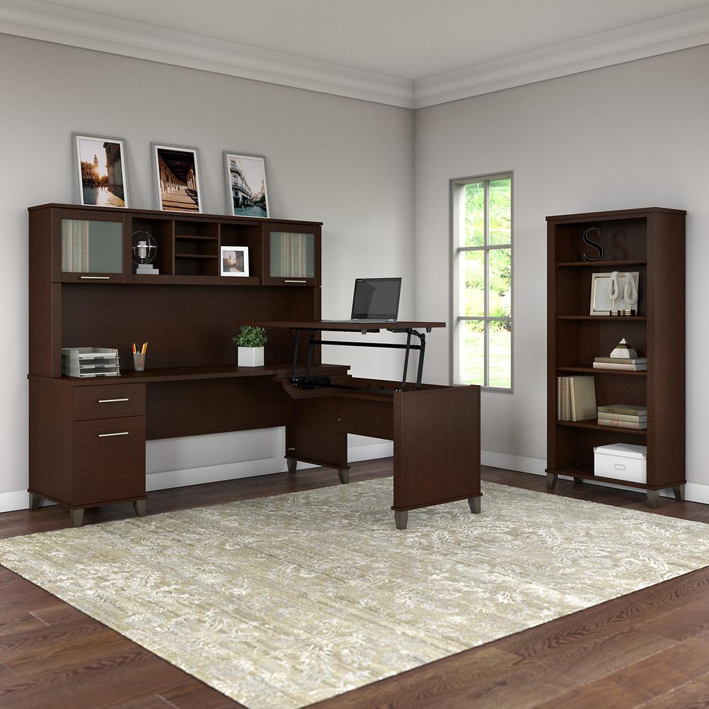 Bush Furniture Somerset 72W 3 Position Sit to Stand L Shaped Desk with Hutch and Bookcase, Mocha Cherry. Picture 4